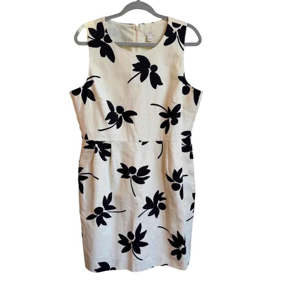 J.Crew Sheath Dress Women 14 Ivory Black Floral Cotton Pique Vacation Resortwear